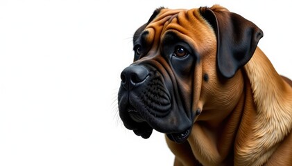 Obraz premium Imposing mastiff head shot, intense gaze, pure white backdrop, portrait, muzzle, eyes