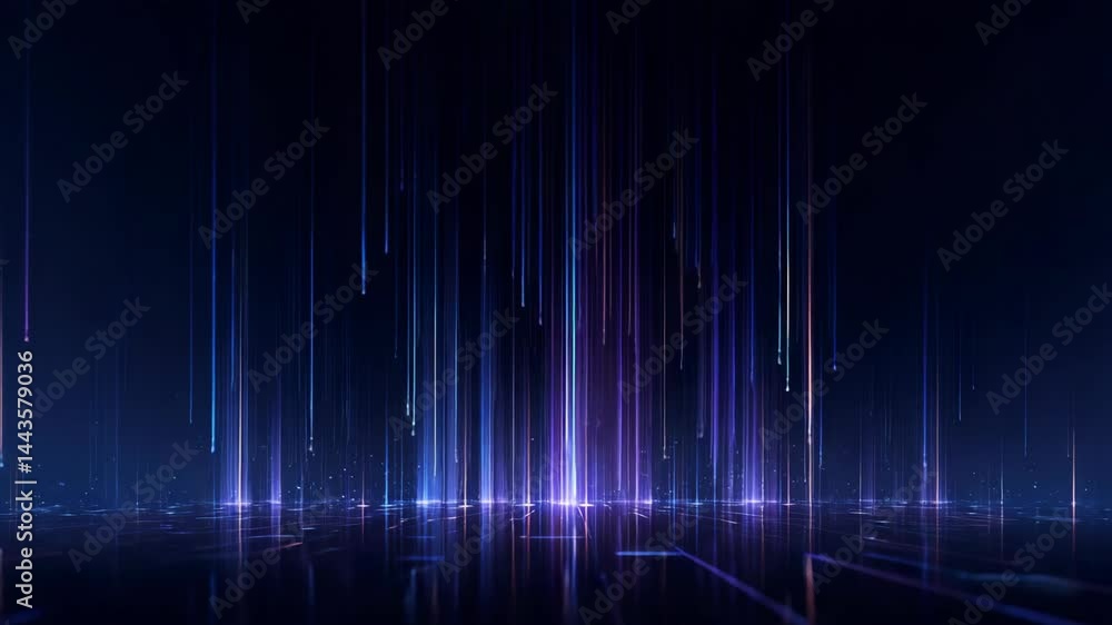 Poster futuristic digital landscape with falling blue and purple light streaks on a grid floor, creating a 