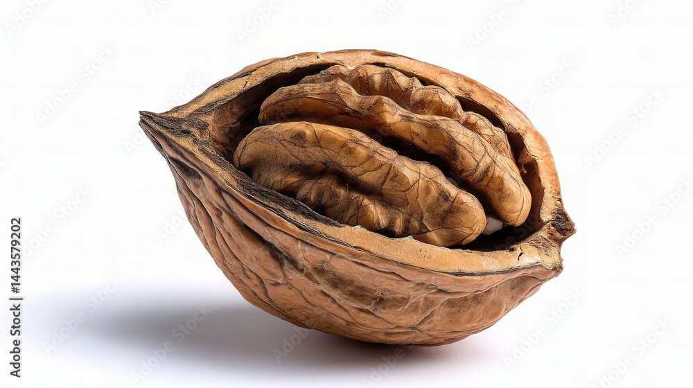 Poster brown walnut shell with kernels on white background