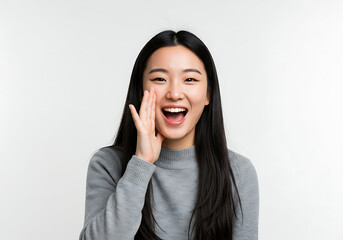 Woman Shout Announces Good News Isolated on White