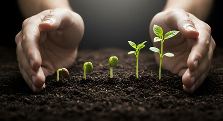 Hands Cupping Growing Seedlings in Rich Soil Symbolizing Growth and Environmental Stewardship in Dark Brown Background