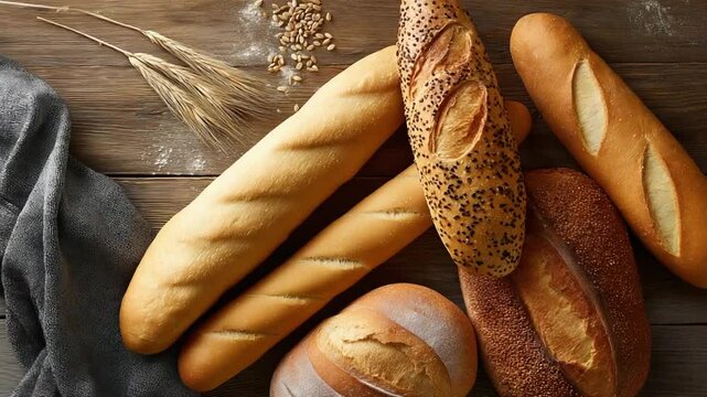 Assorted Fresh Breads on Rustic Wooden Table