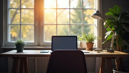 Empty chair at desk facing window, laptop closed, room, minimalism, isolated environment