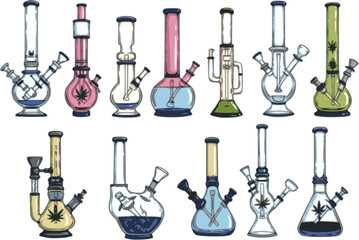 Obraz premium vector set of Bong for smoking. Isolated vector illustration on white background. 