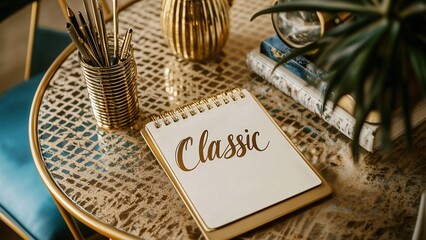 Artistic nook with gold tones and elegant layout, gold notepad displaying  in large bold handwriting
