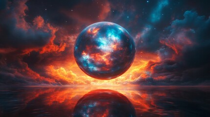 Obraz premium Celestial Sphere Reflecting in Fiery Waterscape