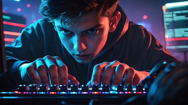 Intense teenage hacker types on illuminated keyboard in dark cyber environment
