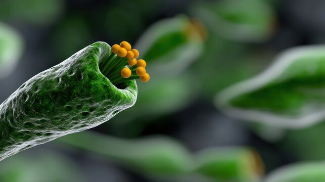 Close-up of a pollen tube.  Microscopic view of a pollen tube with visible pollen grains