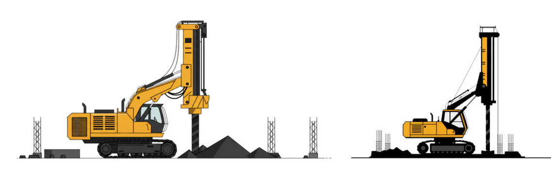 Pile driver machine at a construction site in flat graphic art style, clean elegant simplicity