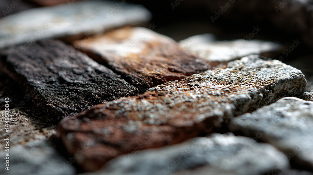 Poster close-up view of a patterned mosaic of aged bricks