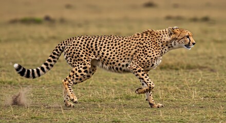 Cheetah in Motion on the Savannah - A cheetah gracefully runs across the African savanna, its spotted coat blending with the tall grass. The captures its speed and agility