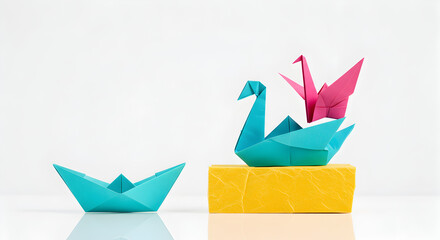 Origami Swan and Boat in Paper with Bright Colors on White Background