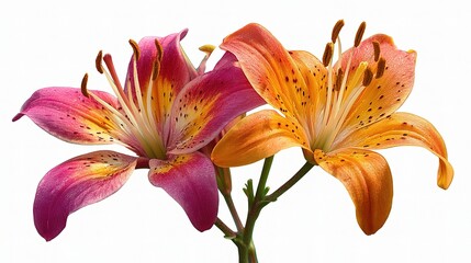 Naklejka premium Vibrant Pink and Orange Lilies with Detailed Petals on White Background