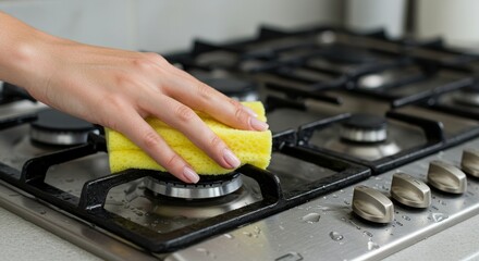 Cleaning Kitchen Gas Stove with Sponge - A hand cleaning a kitchen gas stove burner with a yellow sponge. Cleanliness, hygiene, home maintenance, cooking, and domestic chores are symbolized