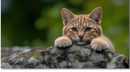 Ginger kitten resting on rock