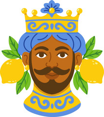 Vector illustration of Sicilian ceramic male head with crown, blue turban, lemons and green leaves