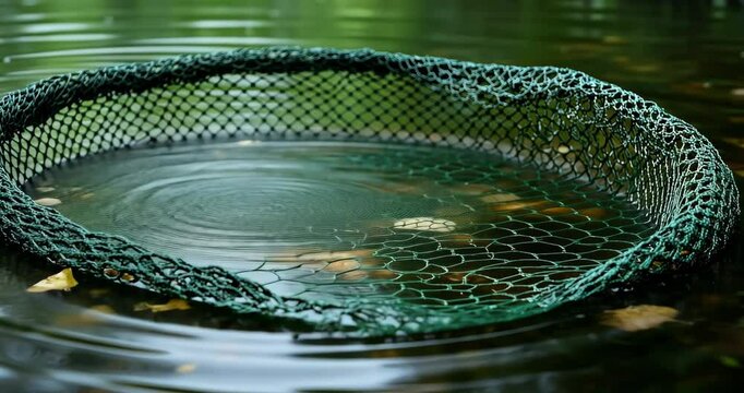 Empty fishing net waits in calm water, ripples spread across the surface.