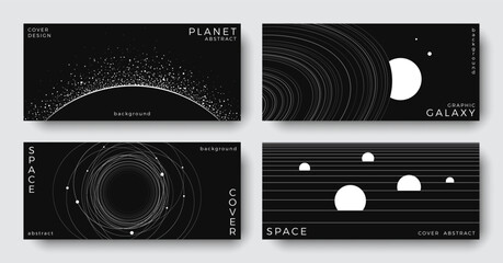 Set of abstract space astronomy horizontal backgrounds. Linear simple galaxy, planet, solar system. Black and white science future concept. Futuristic minimal design for cover, poster, banner, flyer
