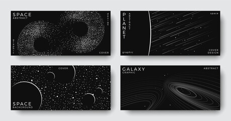 Set of abstract space astronomy horizontal backgrounds. Linear galaxy, meteorites, planet. Black and white science future concept. Futuristic minimal design for cover, poster, banner, brochure © Anastasiya Stoma