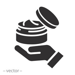 care skin, jar with cosmetic cream icon, flat vector illustration
