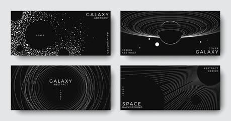 Set of abstract space astronomy horizontal backgrounds. Line art simple galaxy, planet, black hole. Black and white science future concept. Futuristic minimal design for cover, poster, banner, flyer © Anastasiya Stoma