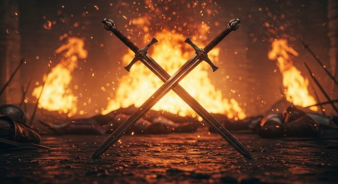 Crossed Swords Firelight Battleground - Epic battle aftermath, symbolizing conflict, loss, victory, resilience, and the enduring power of the sword