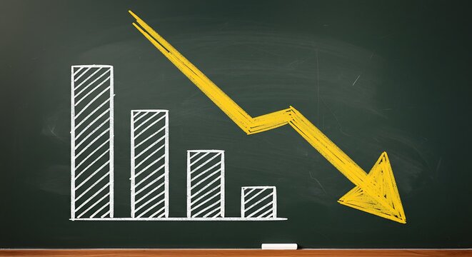 arrow down with graph on chalk board meaning growth decrease in product suitable for background presentation