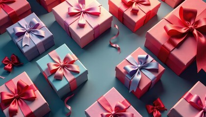 Elegant gift boxes, ribbons, bows, repeating pattern, floral, wrapping, paper