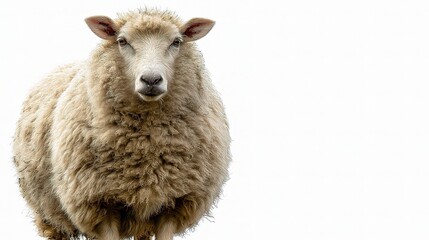 Fototapeta premium Close-up of a fluffy sheep standing against a white background