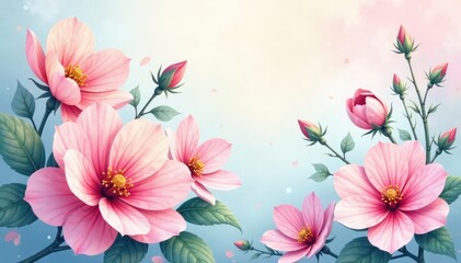 Fototapeta premium Delicate watercolor floral wallpaper, pastel hues, illustration, house