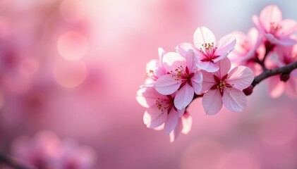 Fototapeta premium Delicate pink cherry blossoms, full bloom, soft petals , branch, fabric, graphic