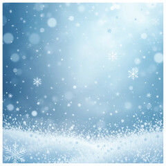 Delicate winter background with softly falling snowflakes over a frosty field of white grasses and flowers, all bathed in a dreamy, light blue glow and gentle bokeh effect.