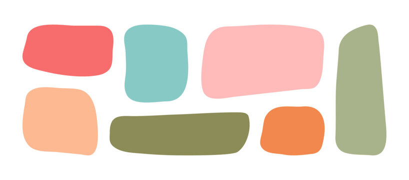 Organic shape rectangle, abstract frame, child text box, fun square form, irregular bubble, round blob doodle isolated on white bg. Geometric banner hand drawn pastel color. Kid vector illustration