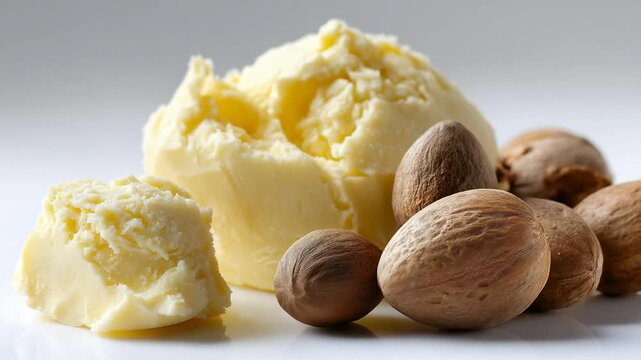 Natural Raw Shea Butter with Sheanuts on White Background