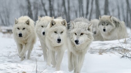 Obraz premium Arctic Wolf Pack on the Hunt in Winter