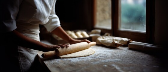 A baker rolls dough by a window with natural light streaming in, capturing a moment of dedication and artistry in a rustic kitchen setting.