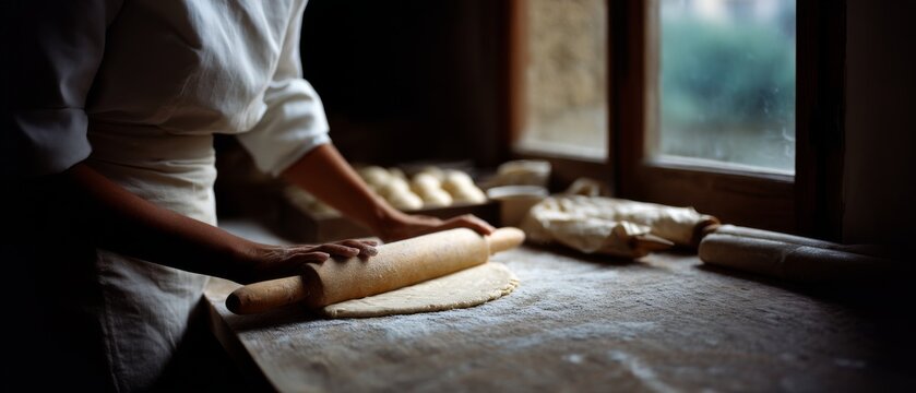 A baker rolls dough by a window with natural light streaming in, capturing a moment of dedication and artistry in a rustic kitchen setting.