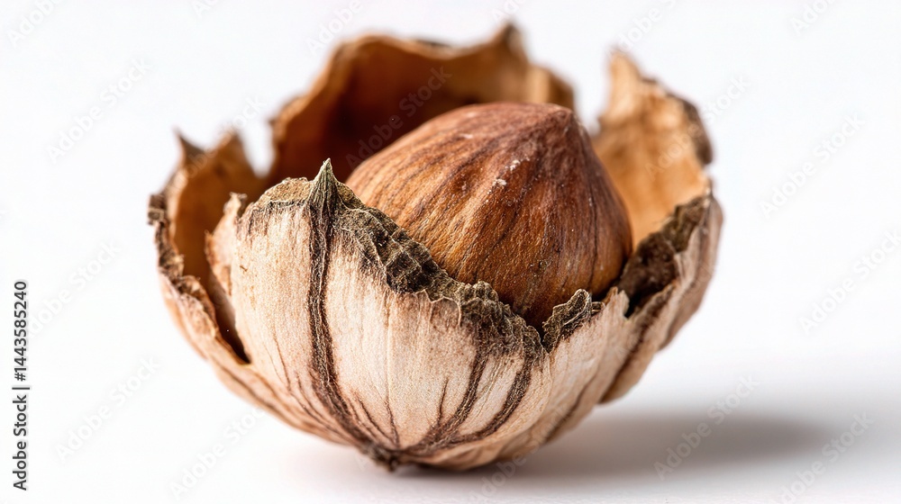 Poster close-up of hazelnut shell with nut isolated on white background