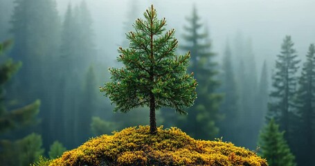 A lone pine tree stands tall on a mossy rock in a misty forest. - Powered by Adobe