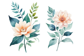 Watercolor green leaf and pink flower Illustration for wedding card design