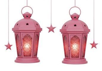 Two pink lanterns with star cutouts and hanging stars on a white background