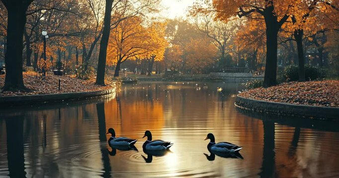 Three ducks swim on a pond in a park during a beautiful fall sunset.