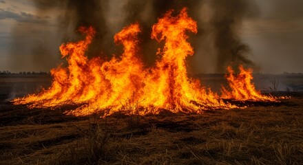 Fiery Field Inferno - A raging wildfire consumes dry grass, symbolizing destruction, power, nature's fury, renewal, and change