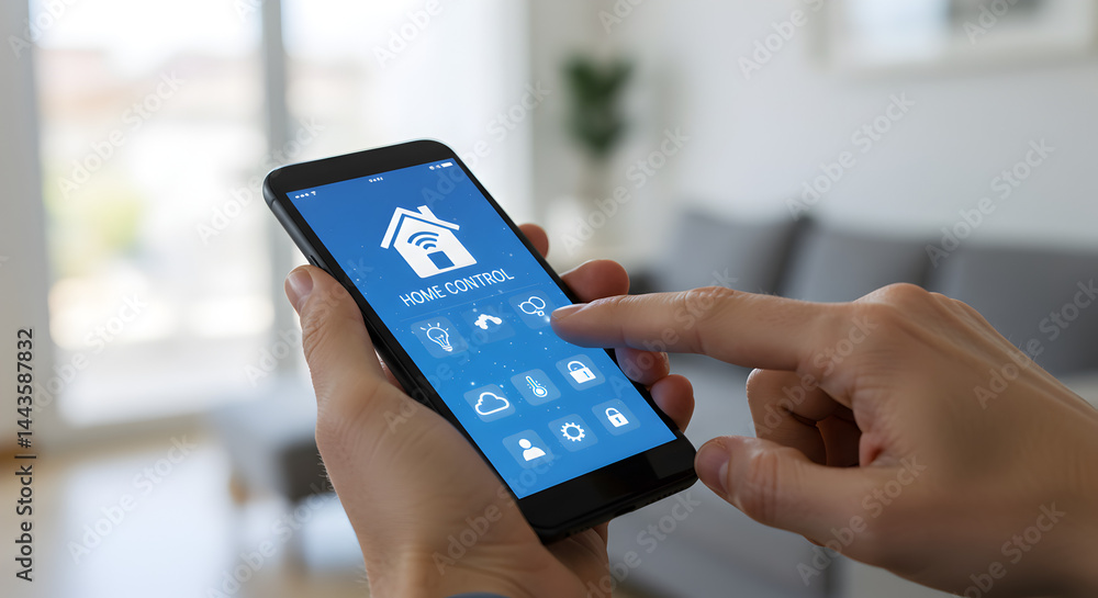 Poster controlling smart home automation system via mobile app on smartphone device in bright interior with