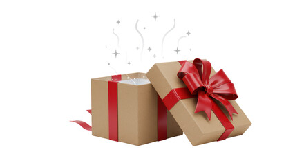 Isolated Opened Gift Box with Red Ribbon and Sparkling Light