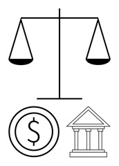 Balance scale symbolizing justice, dollar sign for economy, bank building for institutions. Ideal for justice, economy, finance, law, banking, equity social systems simple landing page