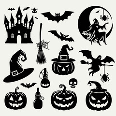 Obraz premium Halloween Silhouette Vector Set: Spooky Icons and Elements