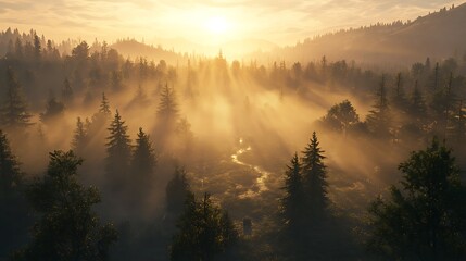 Naklejka premium Golden sun touching misty forest images