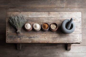 Dried herbs and powders with mortar and pestle on rustic table