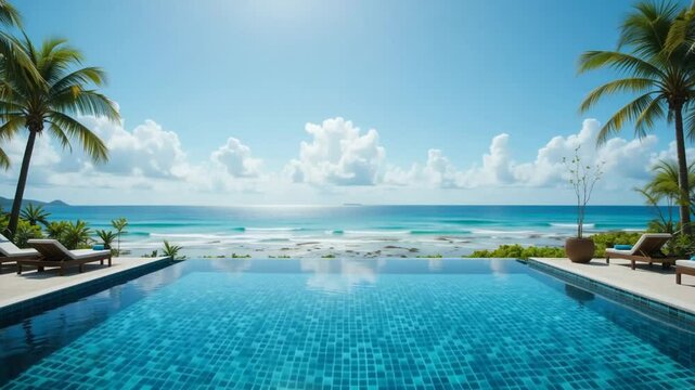 Swimming Pool Overlooking Tropical Ocean Beach on Sunny Day